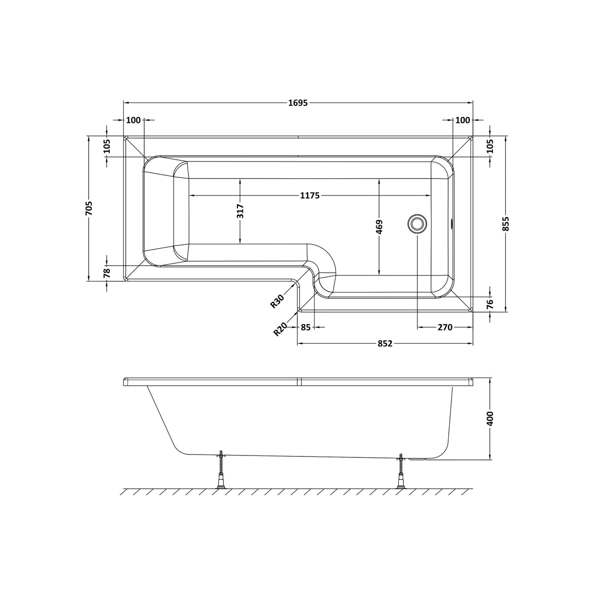 Modern Square Shower Bath - Choose Size and Left or Right Orientation