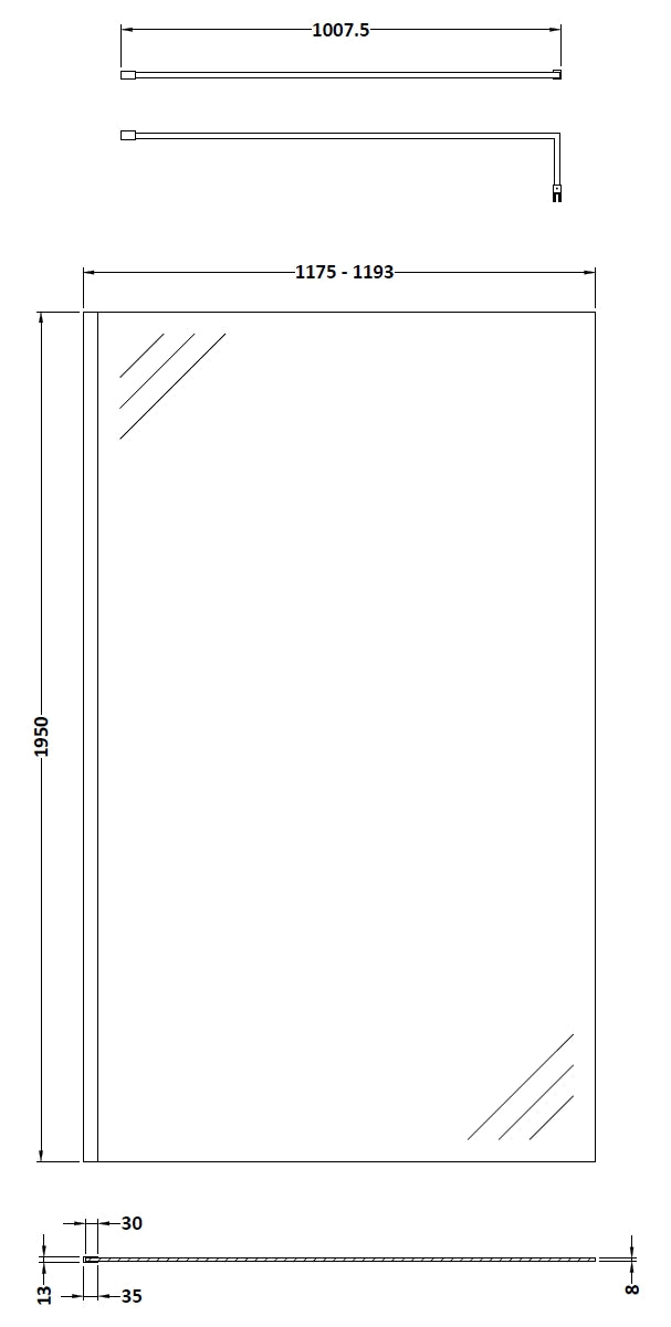 8mm Glass Walk In Wetroom Screen and Hinged Return Screen and Shower Tray - Choice of Size and Finish