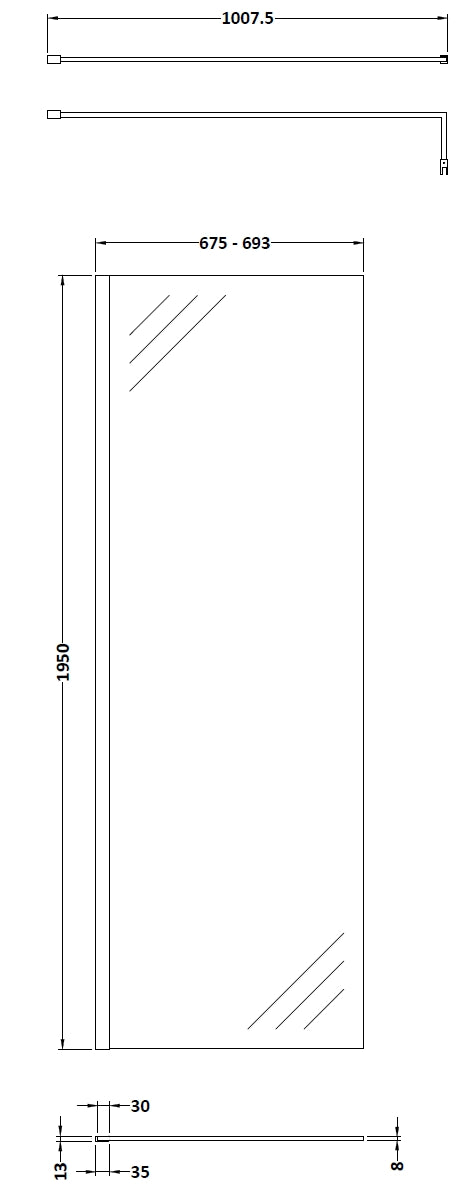 8mm Glass Walk In Wetroom Screen and Hinged Return Screen and Shower Tray - Choice of Size and Finish