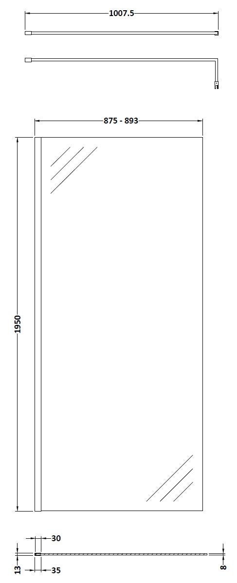 8mm Glass Walk In Wetroom Screen and Hinged Return Screen and Shower Tray - Choice of Size and Finish