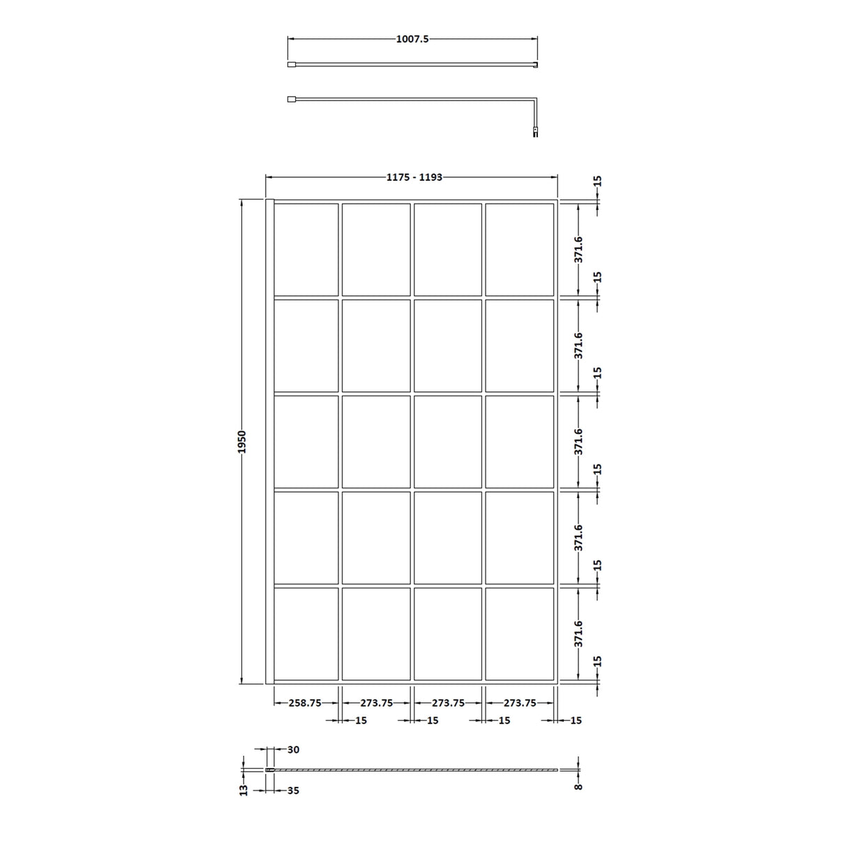 8mm Glass Walk In Wetroom Screen and Hinged Return Screen with Black Framed Design - Choice of Size