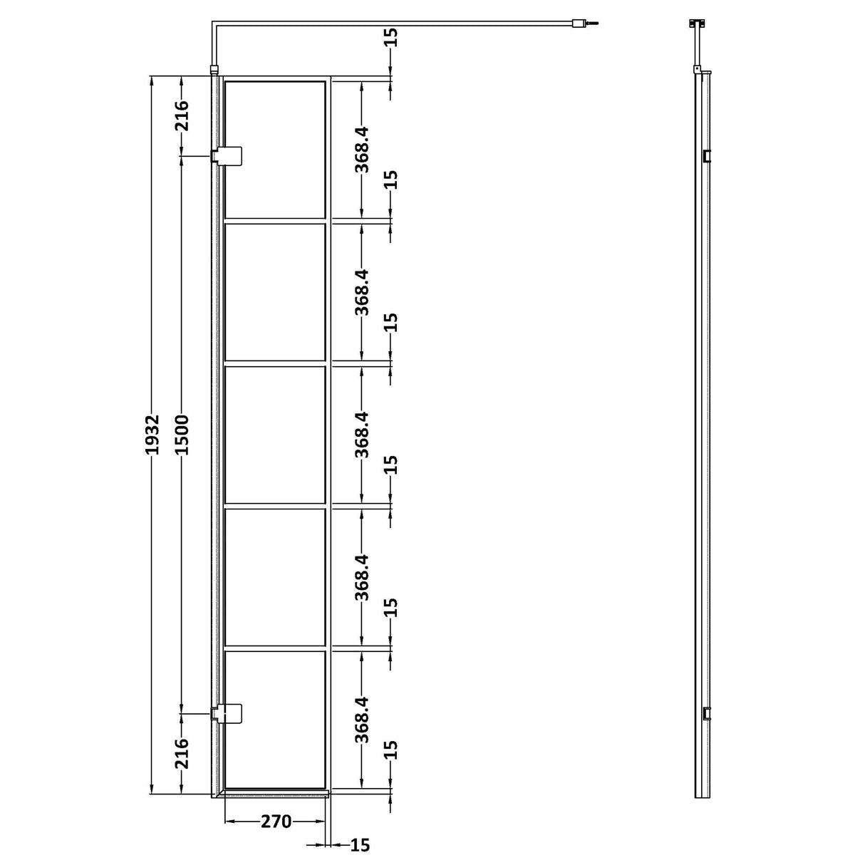 8mm Glass Walk In Wetroom Screen and Hinged Return Screen with Black Framed Design - Choice of Size