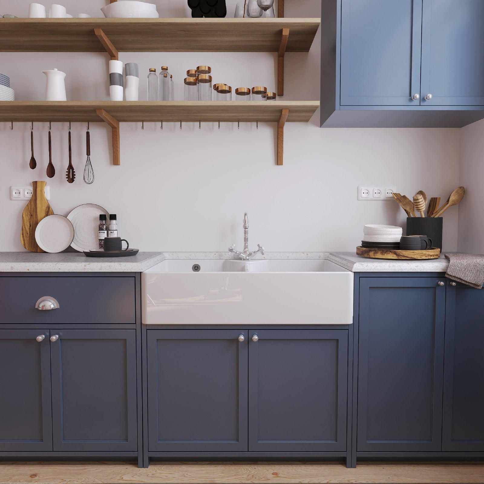 Balterley Fireclay Double-bowl kitchen sink shown in farmhouse navy kitchen