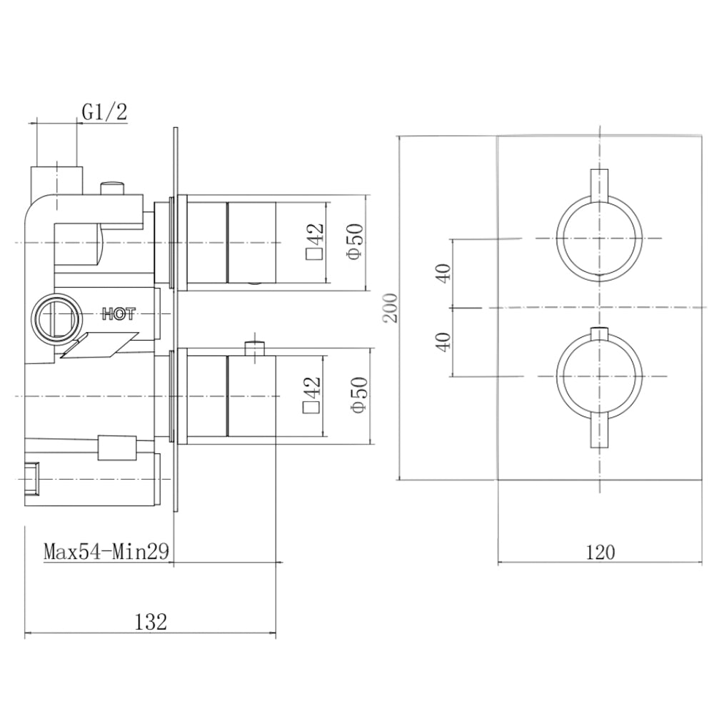 Modern Twin Square Handle Thermostatic Shower Valve – Matt Black, Single Outlet