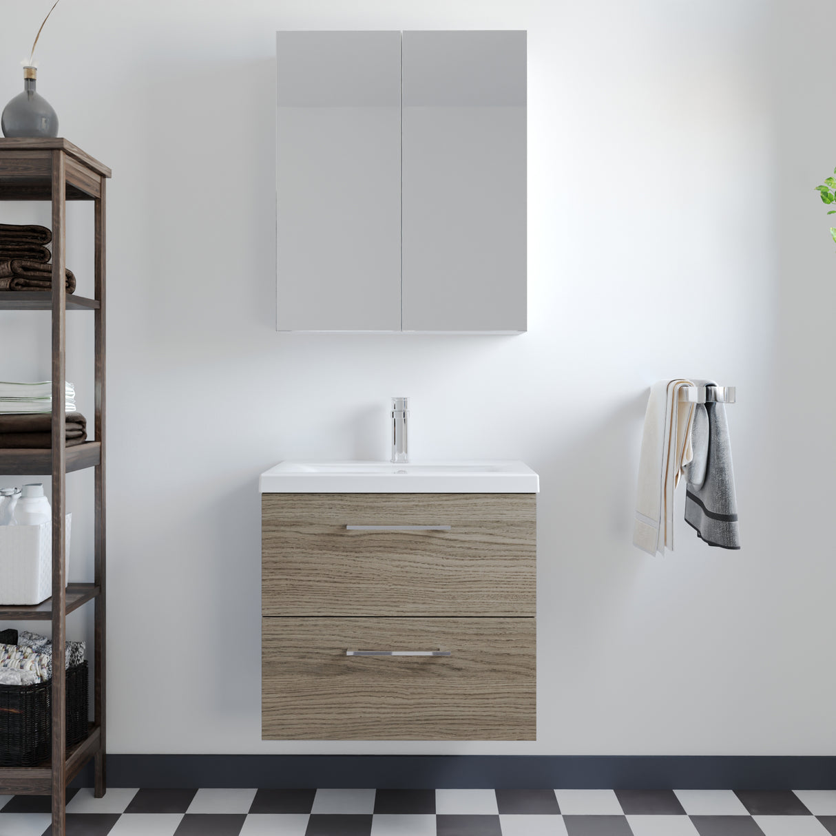 Wall Hung 2 Drawer Vanity Unit with Mid-Edge Ceramic Basin - Choice of Colour, Handle Finish and Size