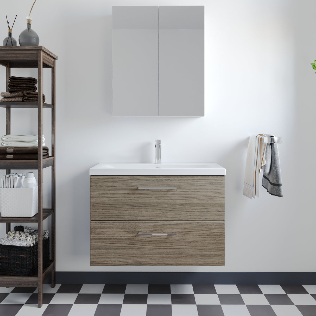 Wall Hung 2 Drawer Vanity Unit with Mid-Edge Ceramic Basin - Choice of Colour, Handle Finish and Size