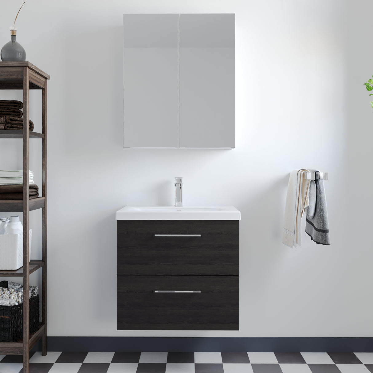 Wall Hung 2 Drawer Vanity Unit with Mid-Edge Ceramic Basin - Choice of Colour, Handle Finish and Size