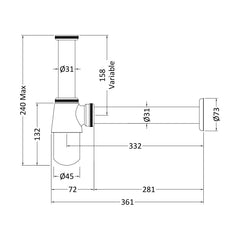 [BABT370] Round Chrome Bottle Trap for Basin Waste Systems - Technical Drawing