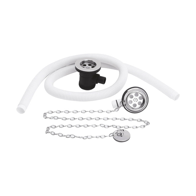 [BABW329] Extended Retainer Bath Waste with Overflow, Plug and Link Chain Waste for Baths up to 20mm Thick - Chrome - Cutout