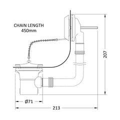 [BABW347] Balterley Round Bath Waste with Overflow, Brass Plug and Ball Chain, for Baths up to 20mm - Chrome - Technical Drawing