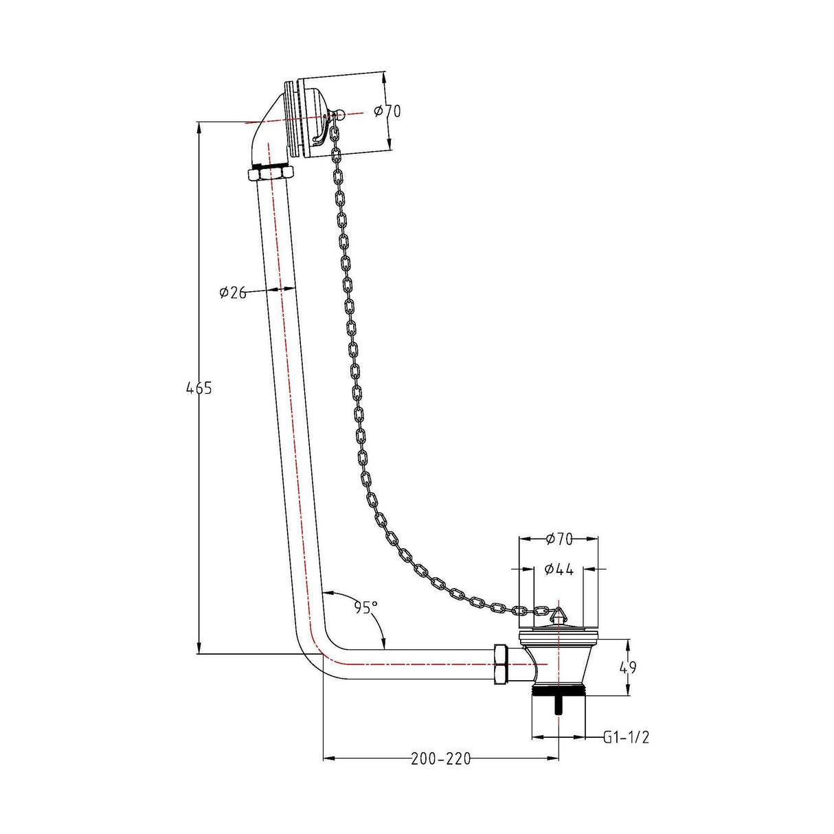 [BABW385] Traditional Exposed Bath Waste with Overflow, Suitable for Baths up to 20mm Thick, 465 x 70 x 220mm - Chrome - Technical Drawing