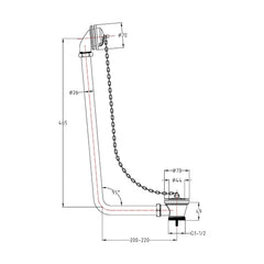 [BABW385] Traditional Exposed Bath Waste with Overflow, Suitable for Baths up to 20mm Thick, 465 x 70 x 220mm - Chrome - Technical Drawing