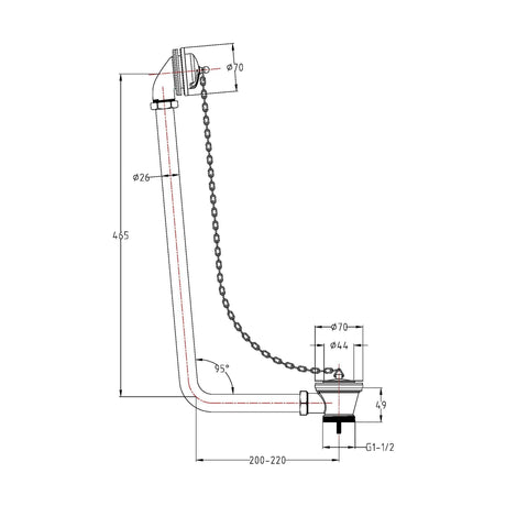[BABW385] Traditional Exposed Bath Waste with Overflow, Suitable for Baths up to 20mm Thick, 465 x 70 x 220mm - Chrome - Technical Drawing