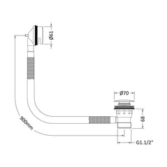 [BABW427E] Round Push Button Bath Waste - 70 x 70mm - Choice of Colour - Technical Drawing