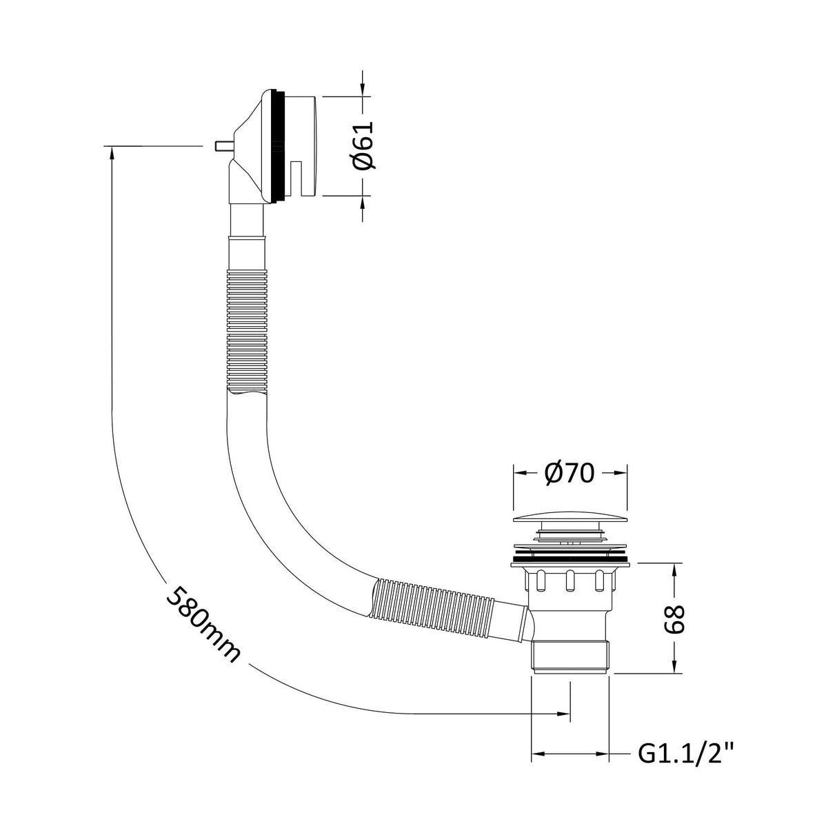 [BABW827] Contemporary Push Button Round Bath Tub Waste for Baths Up to 13mm Thick - Multiple Colours - Technical Drawing
