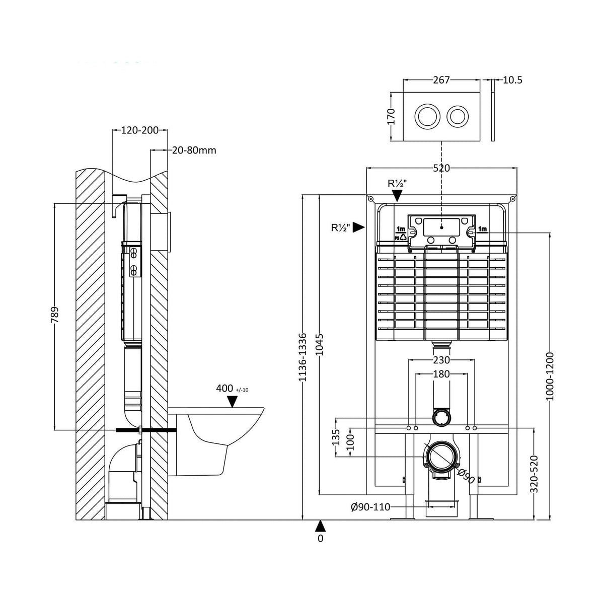 [BACC009R] Dual Flush Concealed Cistern with Wall Hung Frame, Choice of Push Button Plate - Technical Drawing