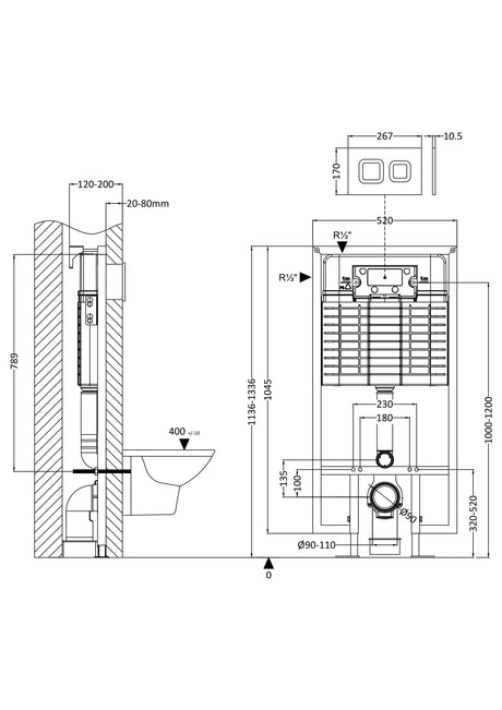 Balterley Round Dual Flush Concealed Cistern with Wall Hung Frame and Square Push Button Plate - Chrome