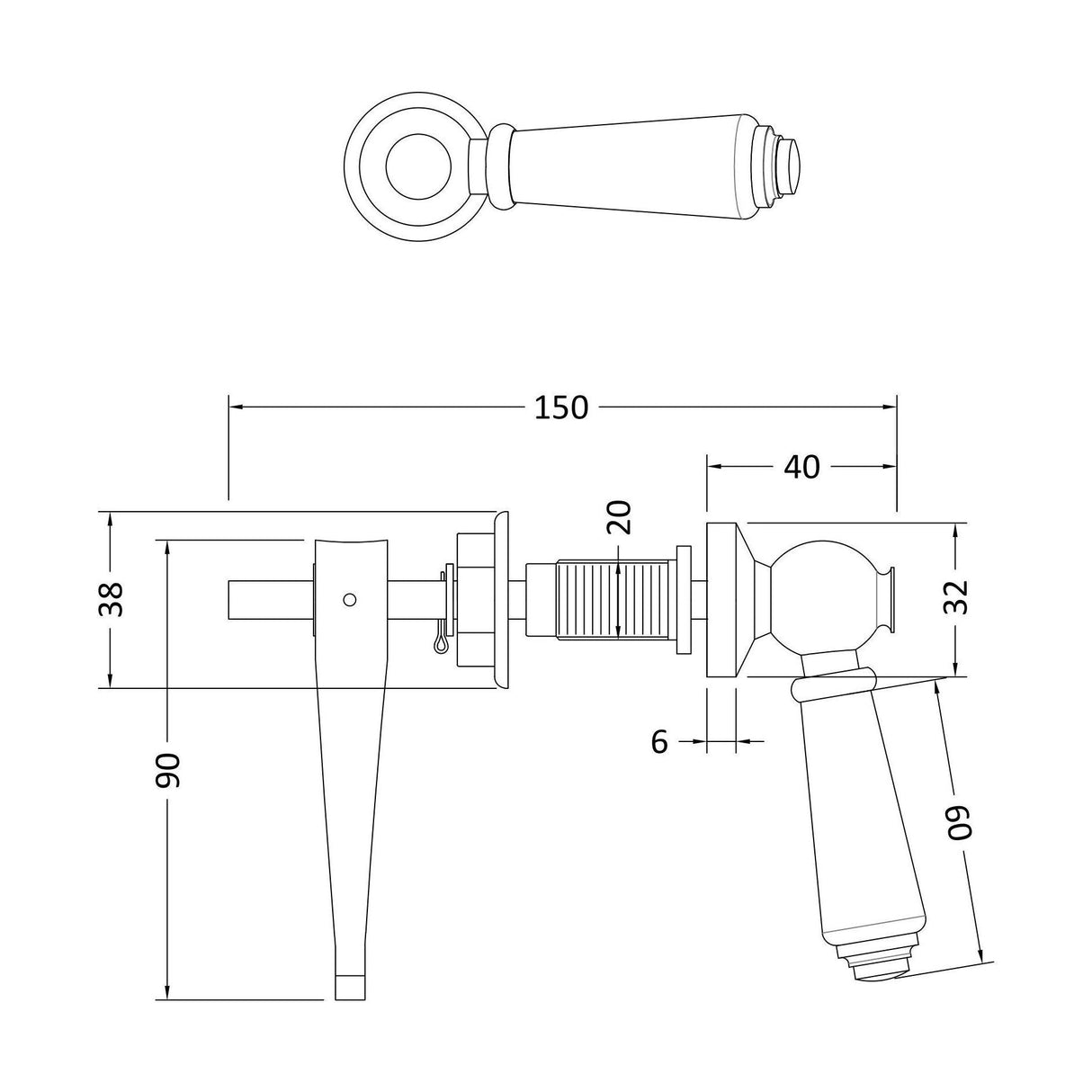 [BACL470] Black Ceramic Handle WC Lever - Technical Drawing