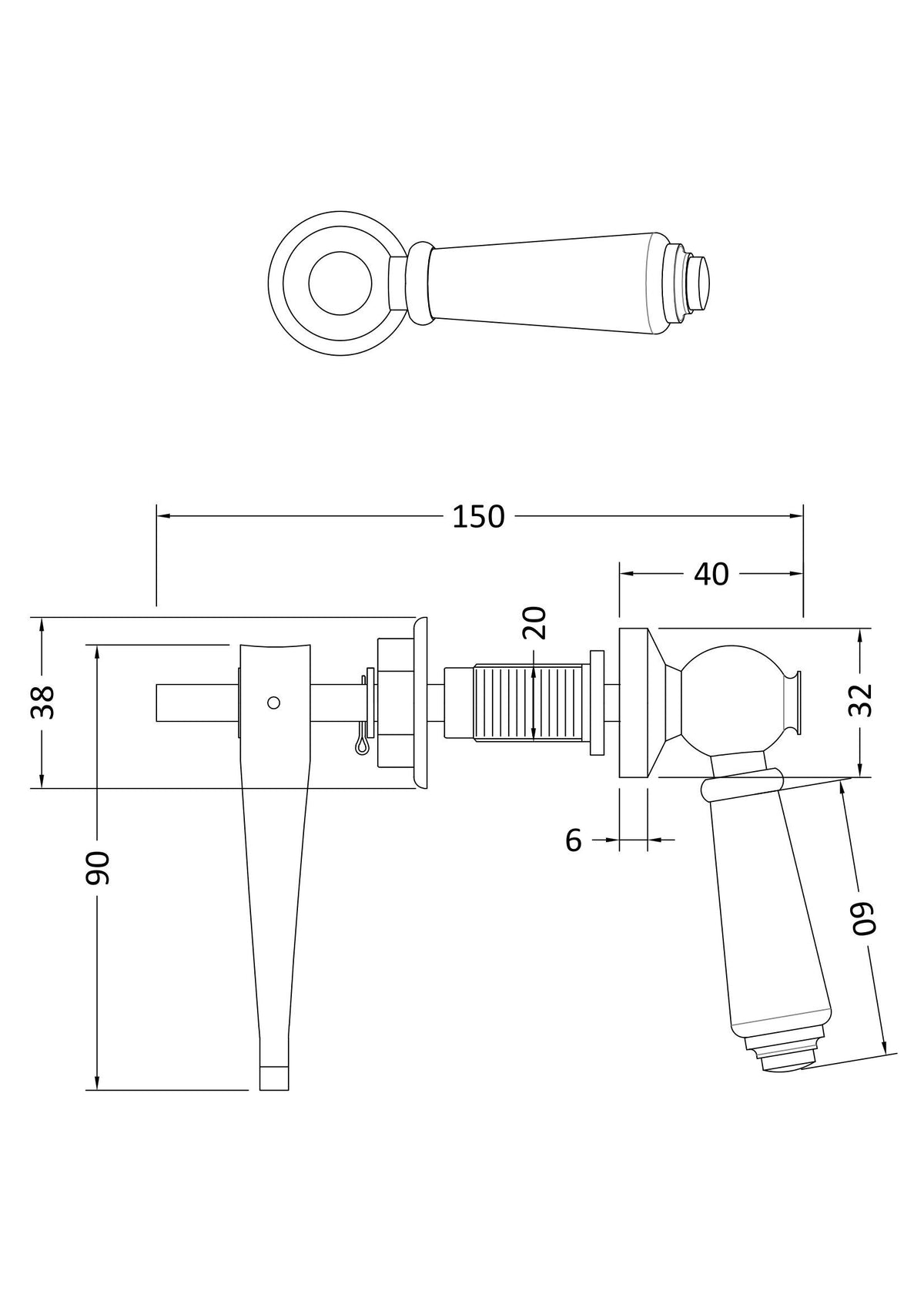 [BACL470] Traditional WC Toilet Lever with Ceramic Handle, Choice of Handle Colour - Technical Drawing