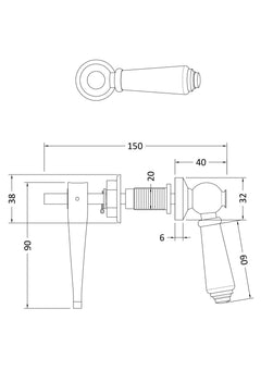 [BACL470] Traditional WC Toilet Lever with Ceramic Handle, Choice of Handle Colour - Technical Drawing
