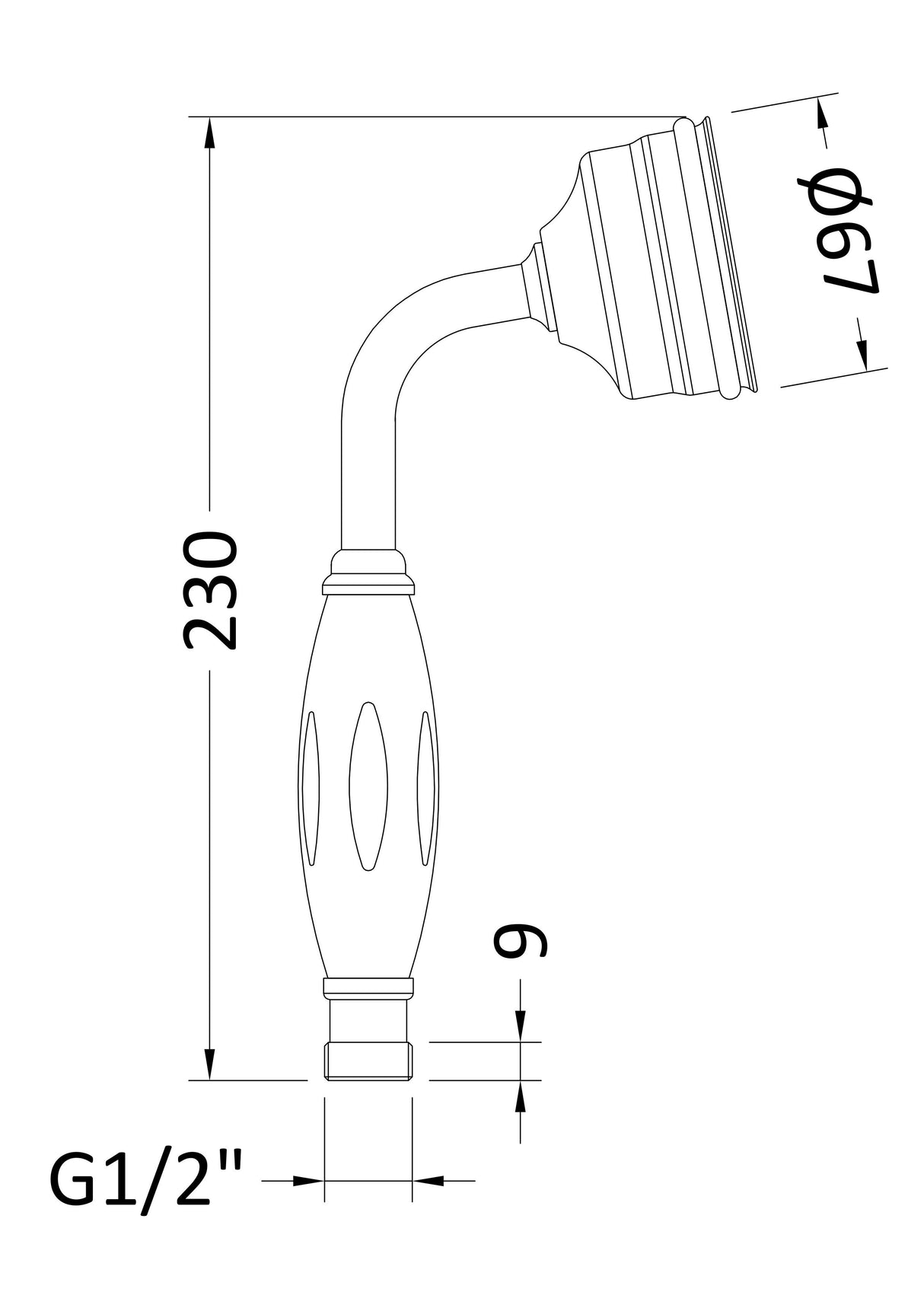 [BAHS450G] Traditional Large Shower Handset - Choice of Colour - Technical Drawing