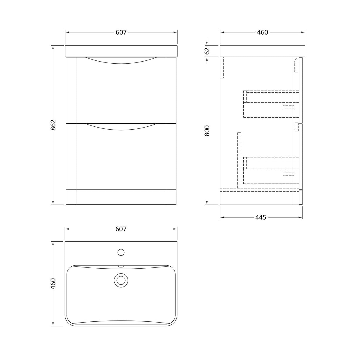 [BAL101B] Dunwood Floor Standing 2 Drawer Vanity Unit with Thin Edge Basin - Choice of Colour and Size - Technical Drawing