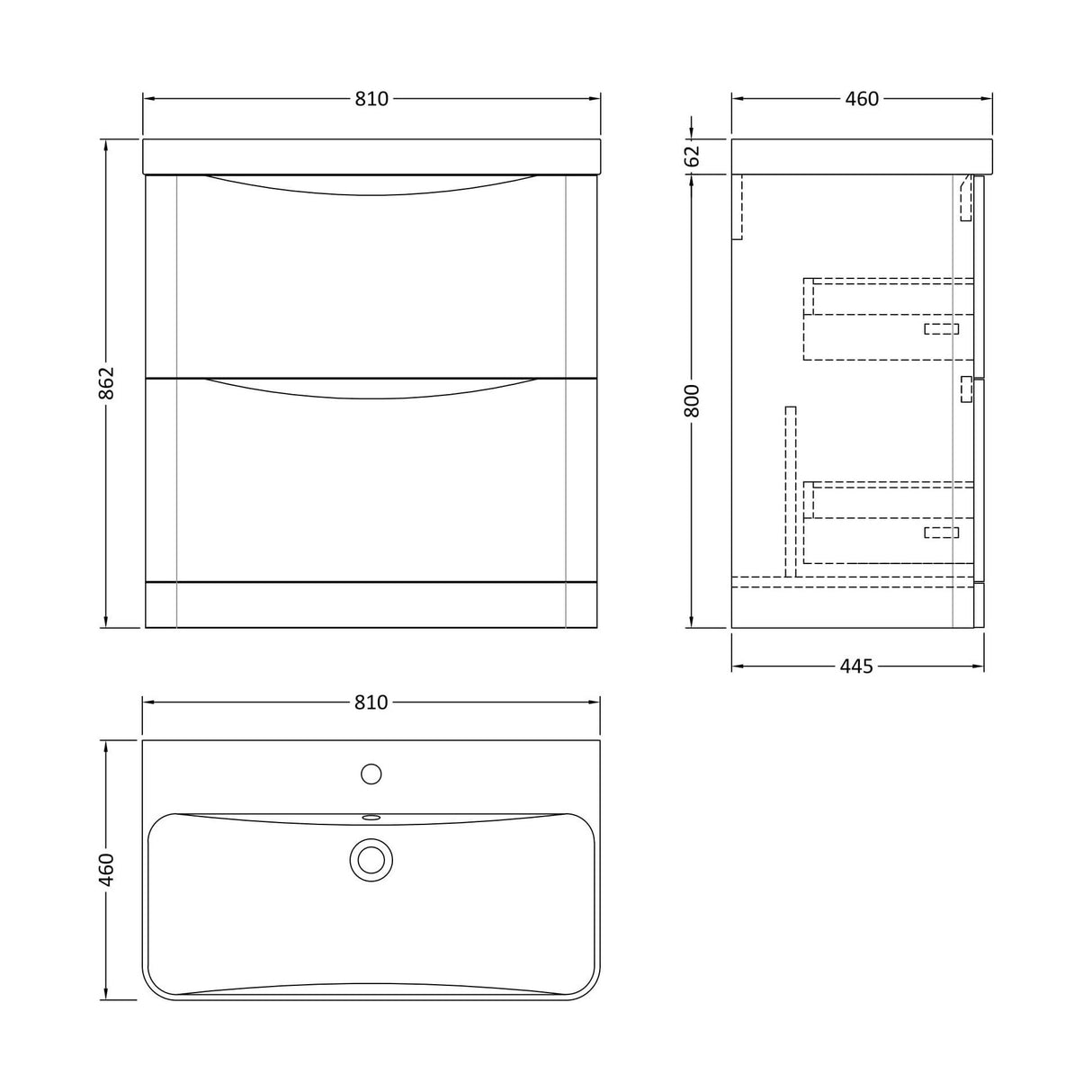 [BAL103B] Dunwood Floor Standing 2 Drawer Vanity Unit with Thin Edge Basin - Choice of Colour and Size - Technical Drawing