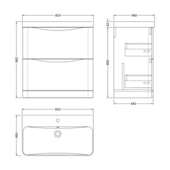 [BAL103B] Dunwood Floor Standing 2 Drawer Vanity Unit with Thin Edge Basin - Choice of Colour and Size - Technical Drawing