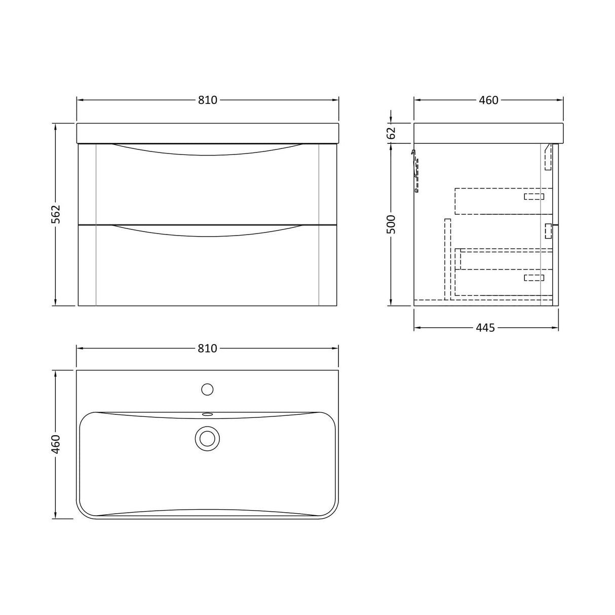 [BAL104B] Dunwood Contemporary Wall Hung 2 Drawer Vanity Basin Unit, Choice of Size and Colour - Technical Drawing
