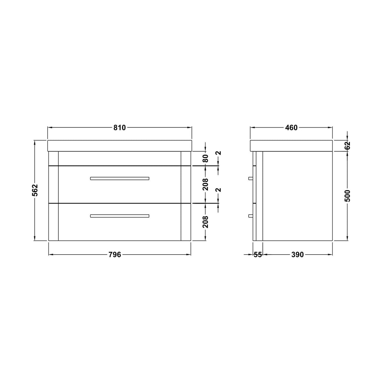 [BAL104C] Croxden Modern Wall Hung Vanity Basin Unit with Soft Close Drawers - 600mm or 800mm - Technical Drawing