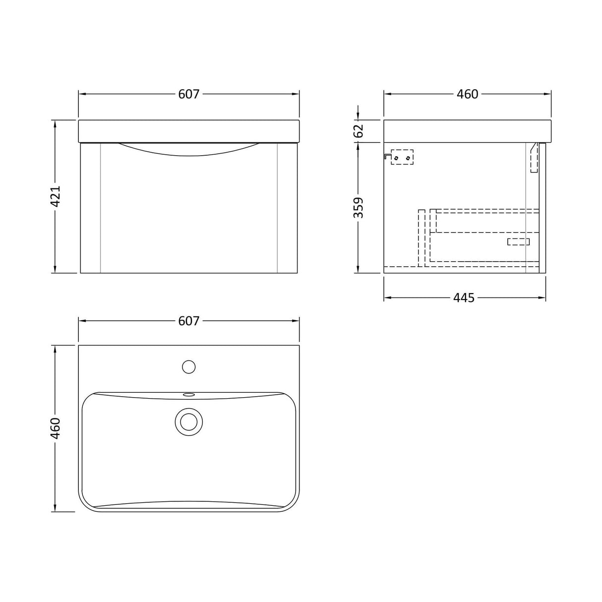 [BAL105B] Dunwood Contemporary 1 Drawer Vanity Basin Unit, Choice of Size and Colour - Technical Drawing