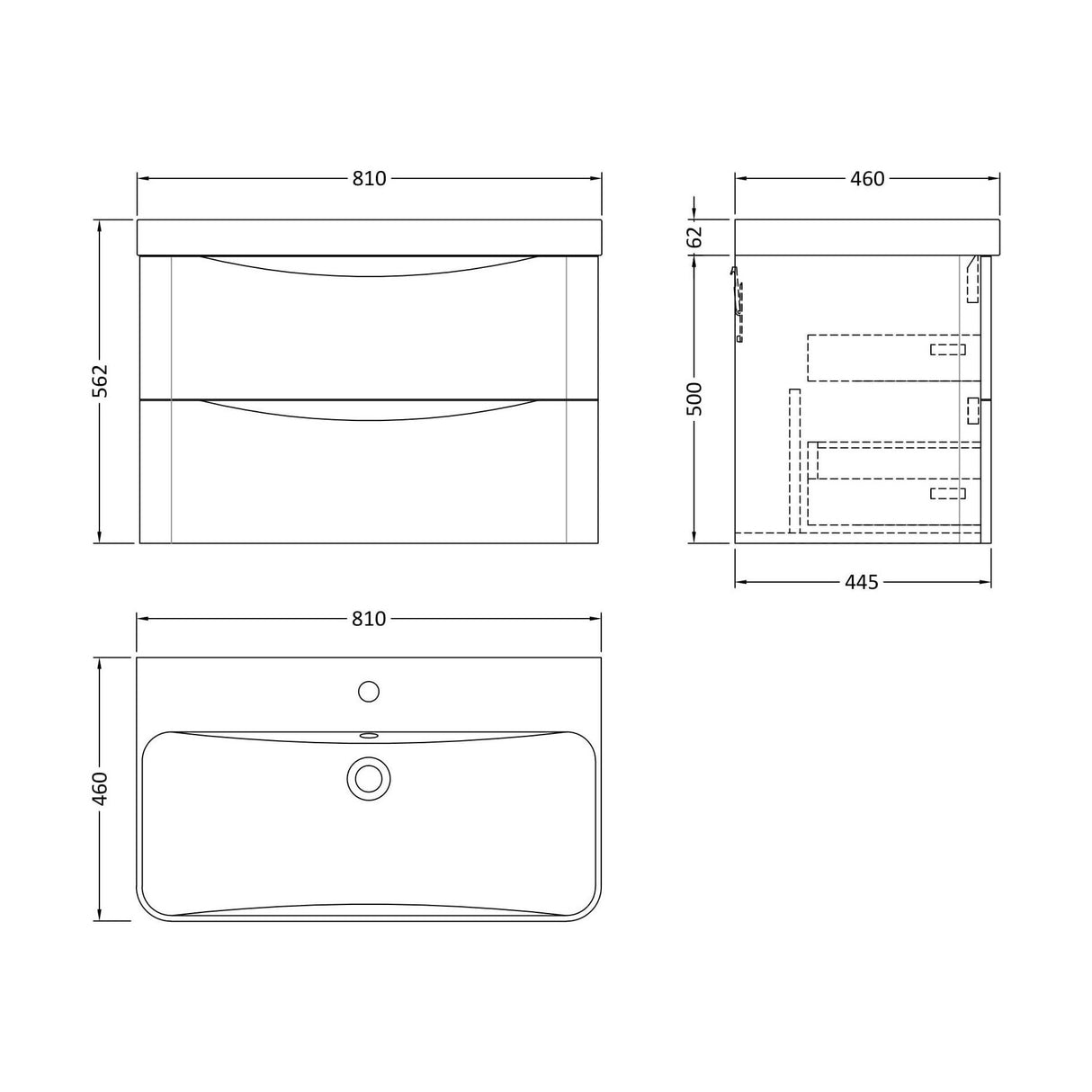 [BAL1404B] Dunwood Contemporary Wall Hung 2 Drawer Vanity Basin Unit, Choice of Size and Colour - Technical Drawing