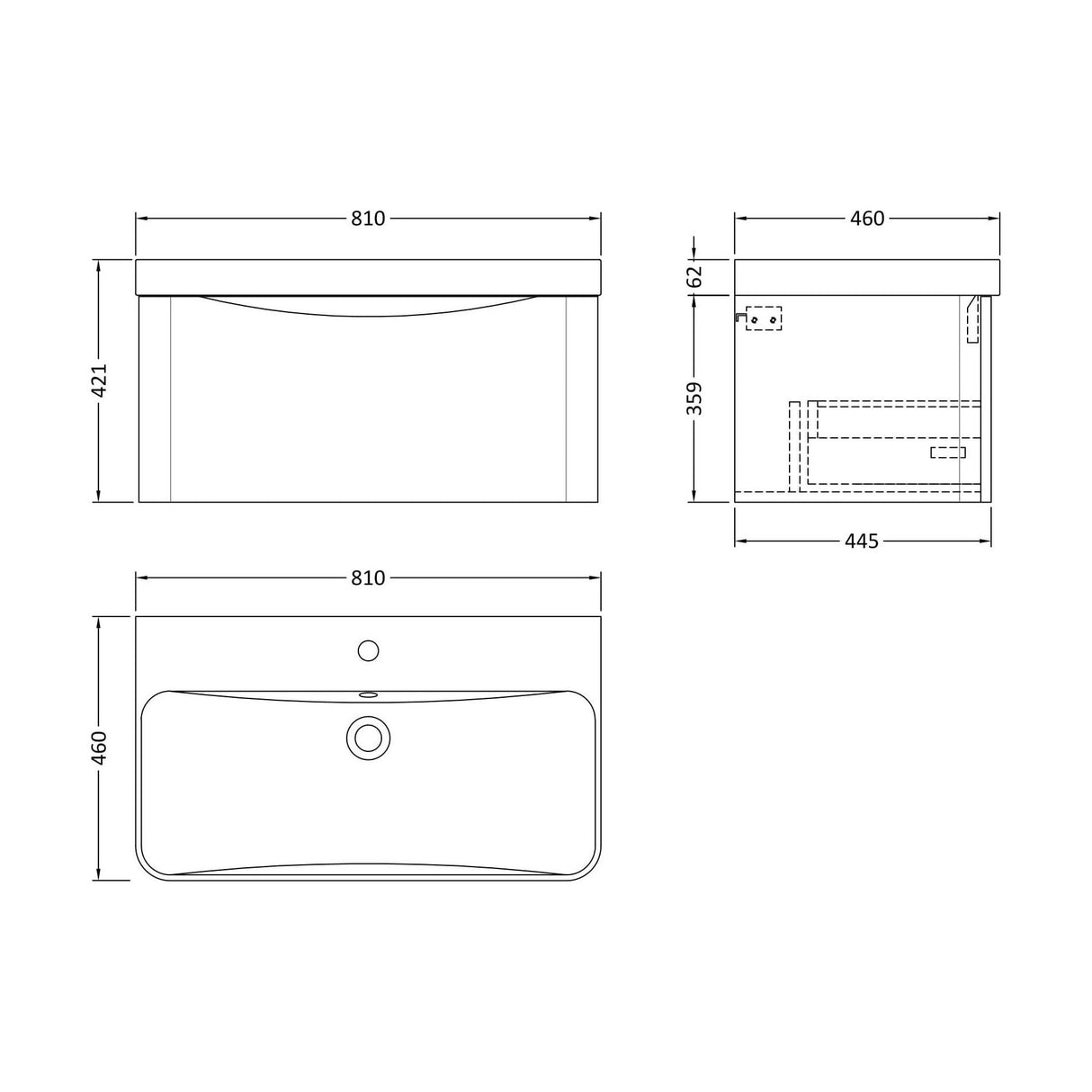 [BAL1406B] Dunwood Contemporary 1 Drawer Vanity Basin Unit, Choice of Size and Colour - Technical Drawing