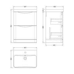 [BAL201B] Dunwood Floor Standing 2 Drawer Vanity Unit with Thin Edge Basin - Choice of Colour and Size - Technical Drawing