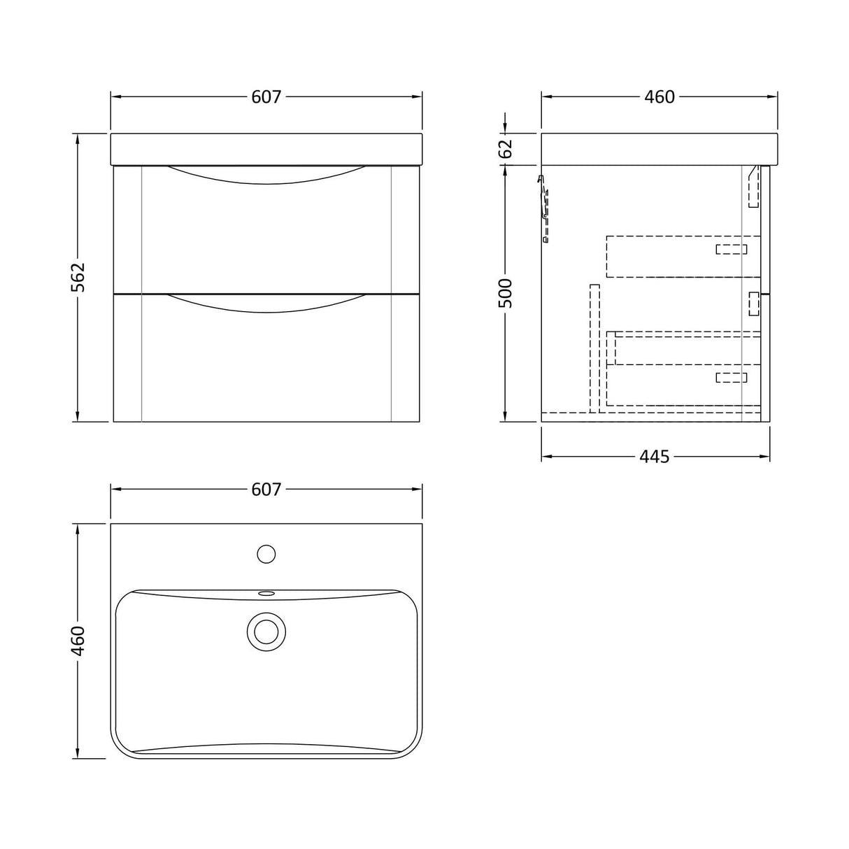 [BAL302B] Dunwood Contemporary Wall Hung 2 Drawer Vanity Basin Unit, Choice of Size and Colour - Technical Drawing