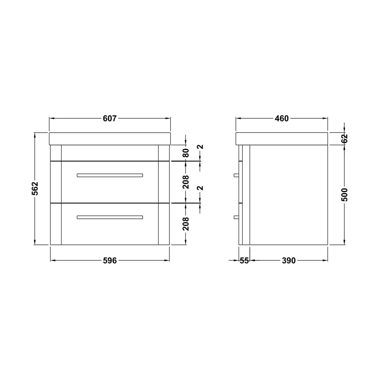 [BAL302C] Croxden Modern Wall Hung Vanity Basin Unit with Soft Close Drawers - 600mm or 800mm - Technical Drawing