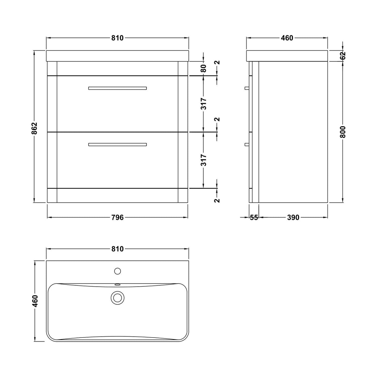 [BAL303C] Croxden Modern Floor Standing Vanity Basin Unit with Soft Close Drawers - 600mm or 800mm - Technical Drawing