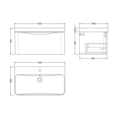 [BAL306B] Dunwood Contemporary 1 Drawer Vanity Basin Unit, Choice of Size and Colour - Technical Drawing