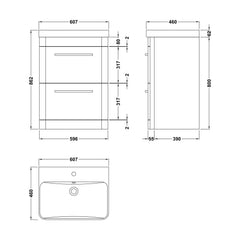 [BAL801D] Croxden Modern Floor Standing Vanity Basin Unit with Soft Close Drawers - 600mm or 800mm - Technical Drawing