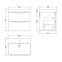 [BAL802B] Dunwood Contemporary Wall Hung 2 Drawer Vanity Basin Unit, Choice of Size and Colour - Technical Drawing