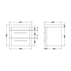 [BAL802D] Croxden Modern Wall Hung Vanity Basin Unit with Soft Close Drawers - 600mm or 800mm - Technical Drawing
