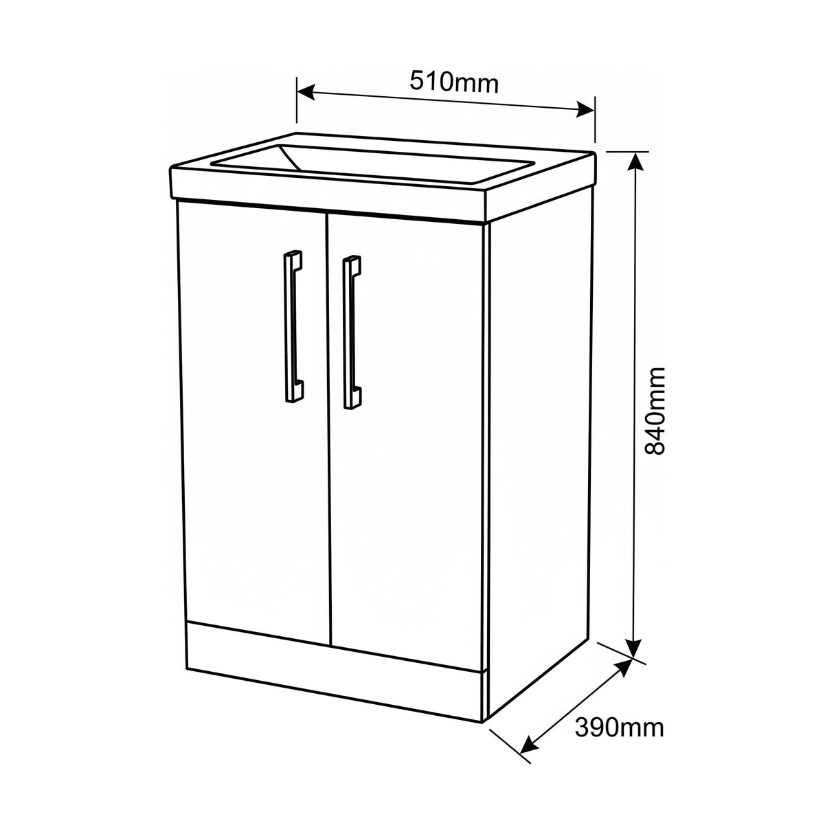 [BALARN101AH017] Bramshall Floor Standing 2-Door Vanity & Mid-Edge Basin – Choice of Colour and Handle Finish - Technical Drawing