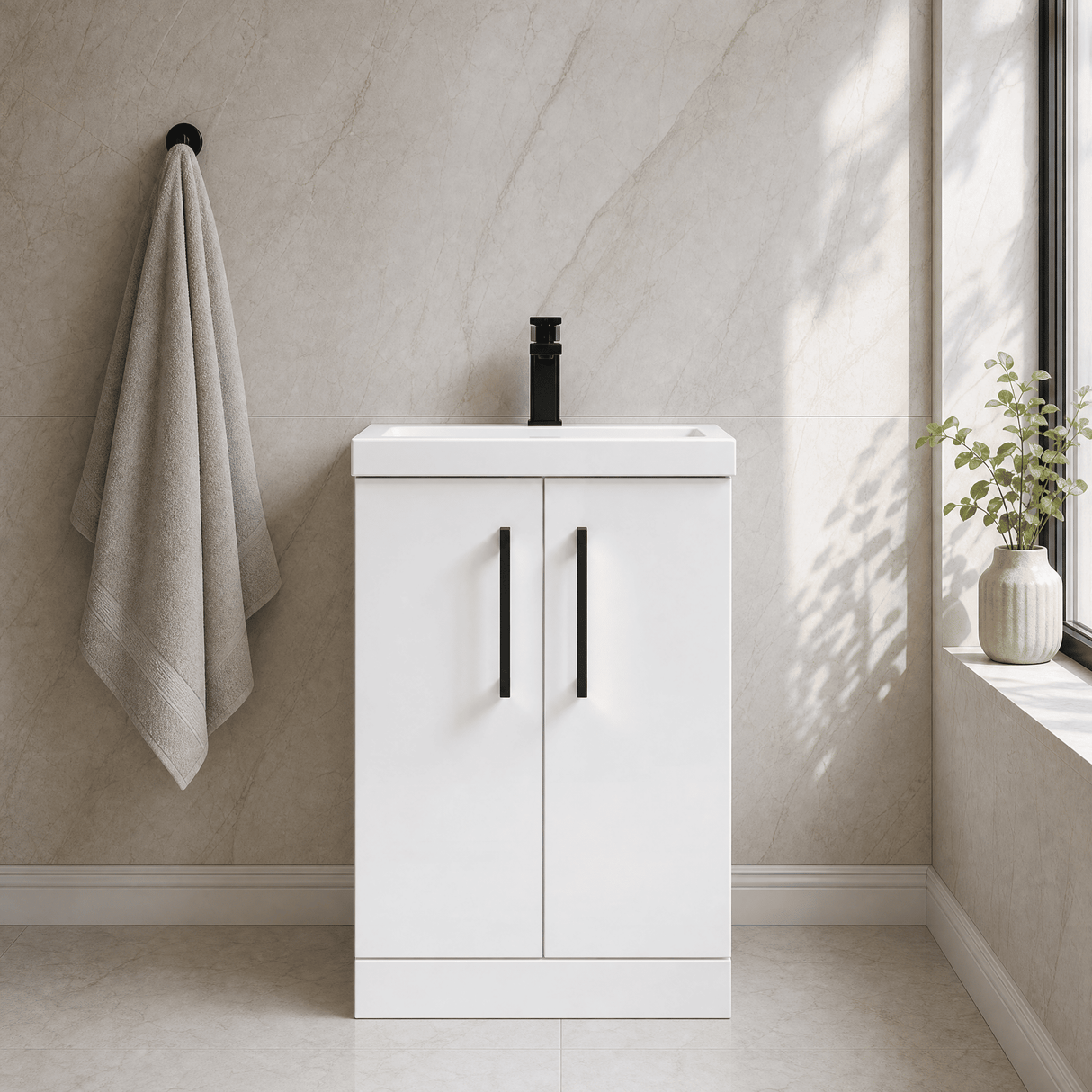 [BALARN101AH018] Bramshall Floor Standing 2 Door Vanity Basin Unit with Mid-Edge Basin, 500mm, Choice of Colour and Handle Finish - Silo