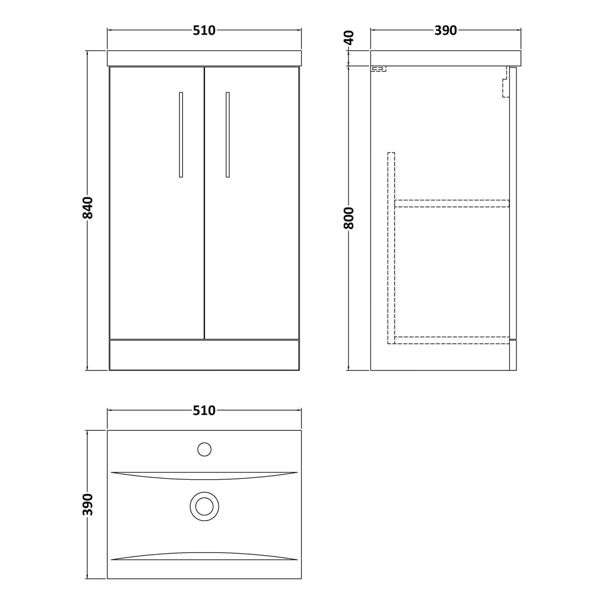 [BALARN101AH019] Bramshall Floor Standing 2 Door Vanity Basin Unit with Mid-Edge Basin, 500mm, Choice of Colour and Handle Finish - Technical Drawing