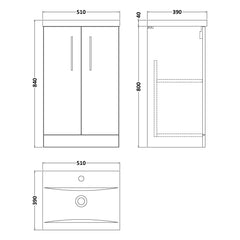 [BALARN101AH1516] Bramshall Floor Standing 2 Door Vanity Basin Unit with Mid-Edge Basin, 500mm, Choice of Colour and Handle Finish - Technical Drawing