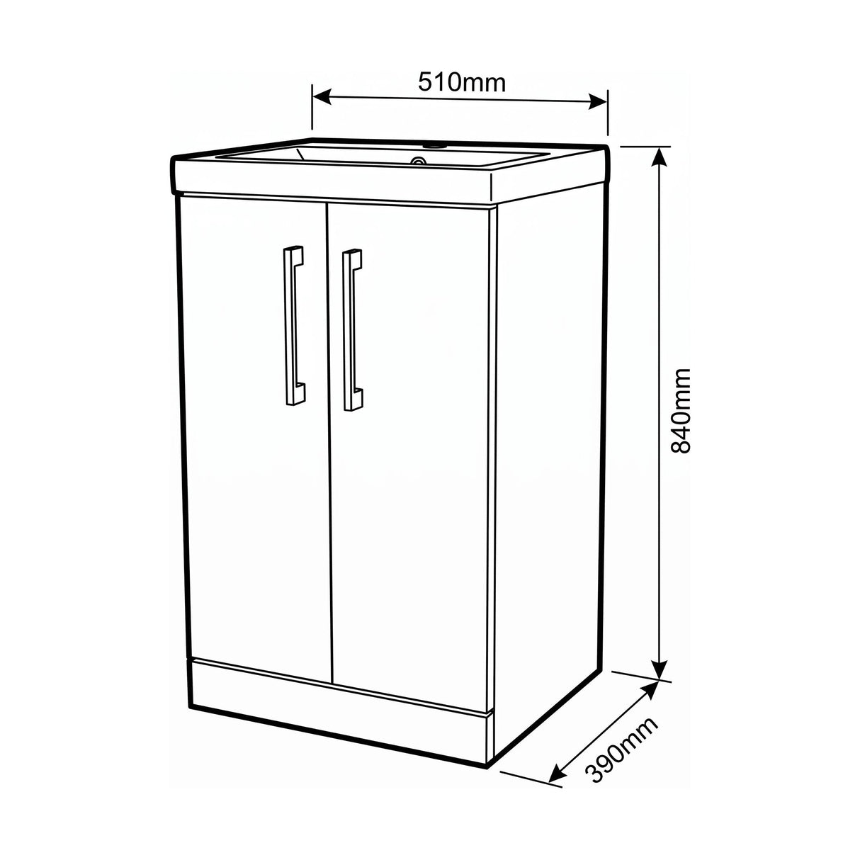 [BALARN101AH716] Bramshall Floor Standing 2-Door Vanity & Mid-Edge Basin – Choice of Colour and Handle Finish - Technical Drawing