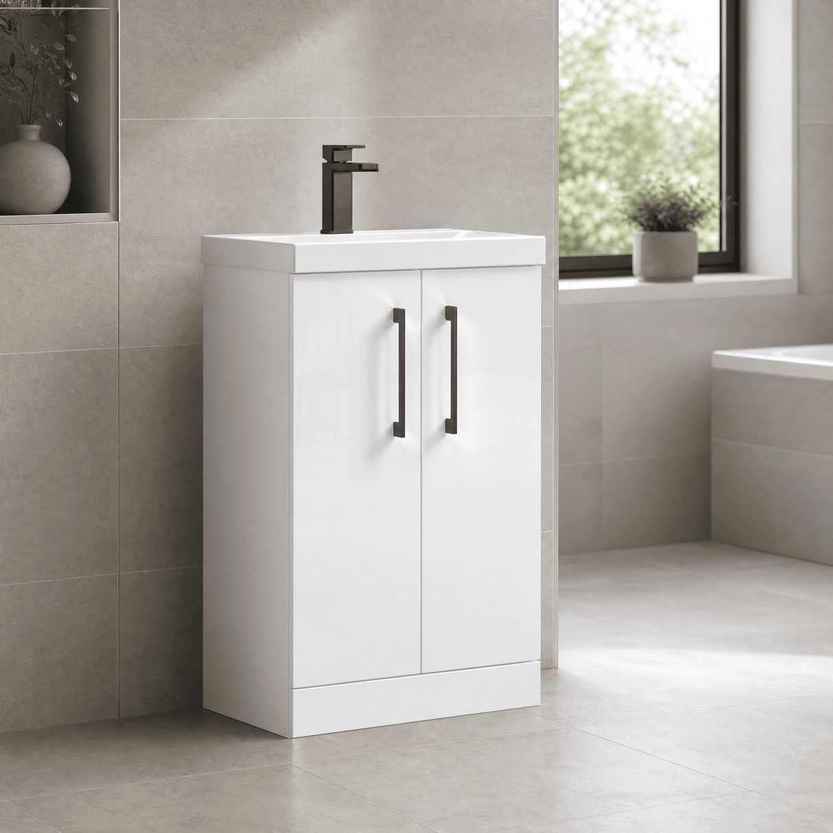 [BALARN101AH716] Bramshall Floor Standing 2 Door Vanity Basin Unit with Mid-Edge Basin, 500mm, Choice of Colour and Handle Finish - Lifestyle 3
