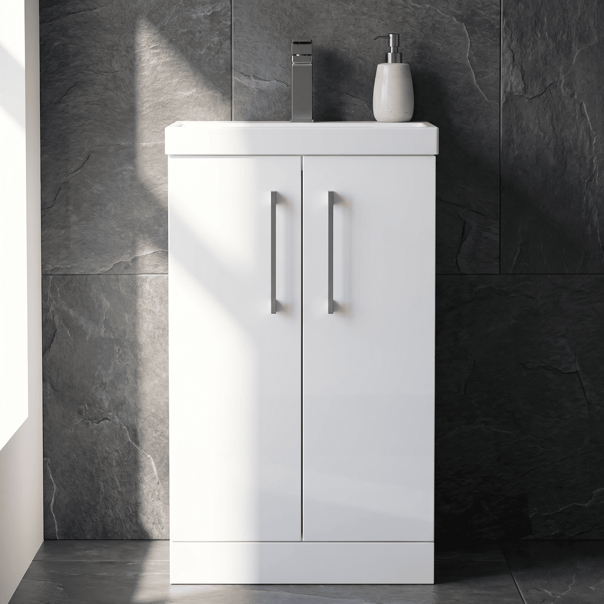 [BALARN101AH716] Bramshall Floor Standing 2 Door Vanity Basin Unit with Mid-Edge Basin, 500mm, Choice of Colour and Handle Finish - Silo