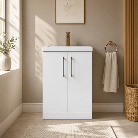 [BALARN103AH017] Bramshall Floor Standing 2 Door Vanity Basin Unit with Mid-Edge Basin, 600mm, Choice of Colour and Handle Finish - Silo