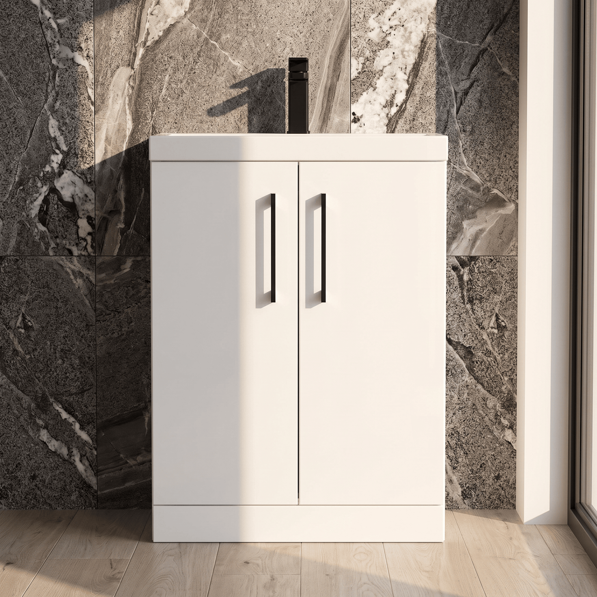 [BALARN103AH018] Bramshall Floor Standing 2 Door Vanity Basin Unit with Mid-Edge Basin, 600mm, Choice of Colour and Handle Finish - Silo